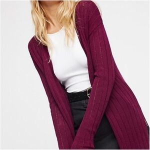 Free People Long Ribbed Open Cardigan in Plum